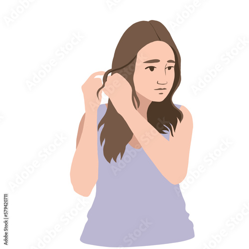 a young girl is doing her hair. a brunette girl straightens her hair. vector flat illustration