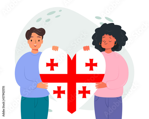Support Georgia, woman and man holding a heart with colors of georgian flag donating and volunteering concept vector