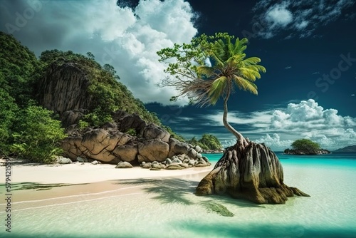 Anse Lazio, Seychelles, is a tropical island with palm trees and white sand beaches. A lone palm tree towers above the beach, which is often abandoned. Generative AI