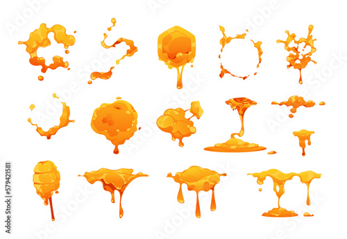 Honey blots. Dripping golden honeycomb syrup and sweet nectar leak splash, flat melting falling liquid amber drops and spots. Vector isolated set
