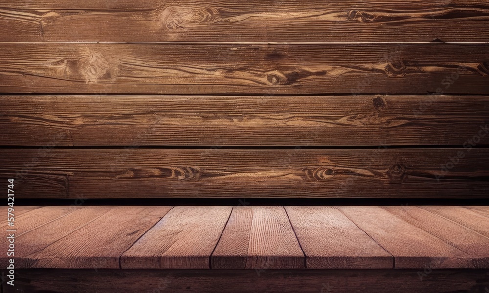 empty wooden table with floor, dark background, table for product demonstration
