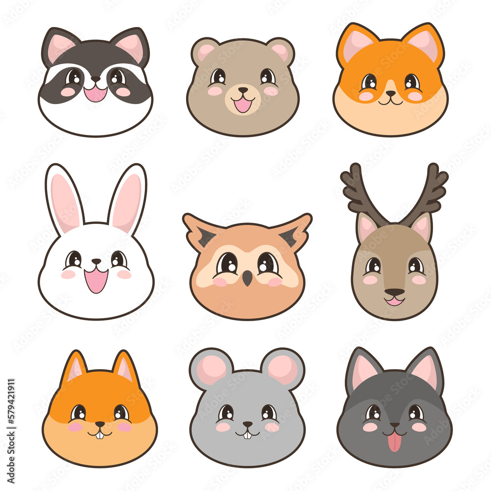 Fototapeta premium Portraits of cute animals in cartoon style. Rabbit, deer, owl, racoon, bear, wolf, mouse, squirrel and fox. Vector illustration