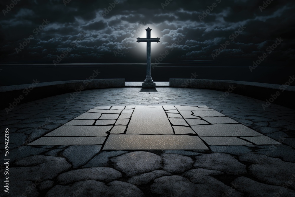 Naklejka premium Lights on stone pavement point to a cross silhouetted against a nighttime sky as a metaphor for the entrance to paradise. Generative AI
