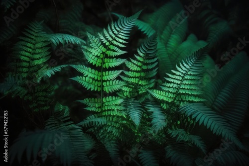 Green leaves of fern in mystic forest. Generative AI