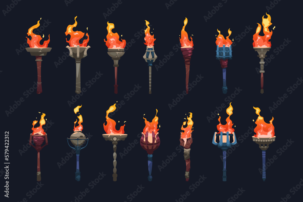 Vetor de Medieval torch. Sprite animation frame set with burning fire ...