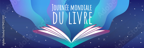 Livre ouvert avec de la magie sortant des pages pour la Journée mondiale du livre, sur un fond de nuit étoilée 