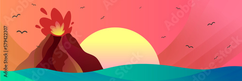 Volcan en éruption et coucher de soleil - Illustration vectorielle