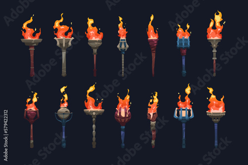 Medieval torch. Sprite animation frame set with burning fire elements, ancient stick with fireflame for game asset design. Vector collection photo