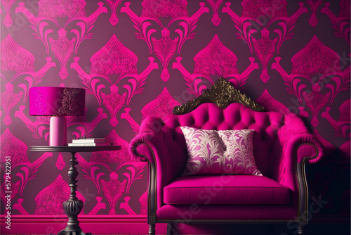 A beautiful render of a room with magenta Pantone decor and colorful furniture photo