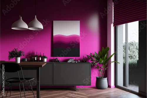 A stunning image of a living room with magenta Pantone decor and statement furniture photo