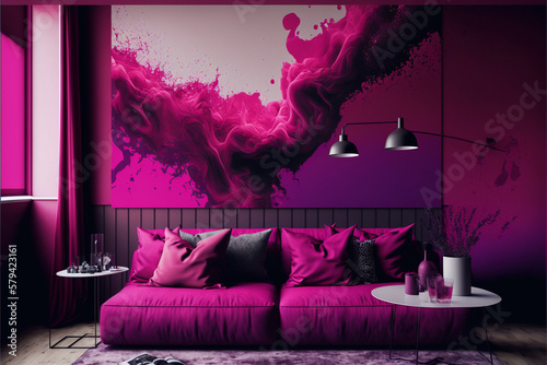 A beautiful render of a room with magenta Pantone decor and stylish furniture photo