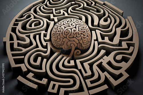 Brain Activities, Brain Fitness. How to Improve Cognitive Skills With the Brain Gym. Brain Shape Maze, big labyrinth with Brain in center. AI generative photo