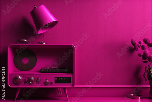 A beautiful render of a room with Pantone magenta decor and colorful furniture pieces photo