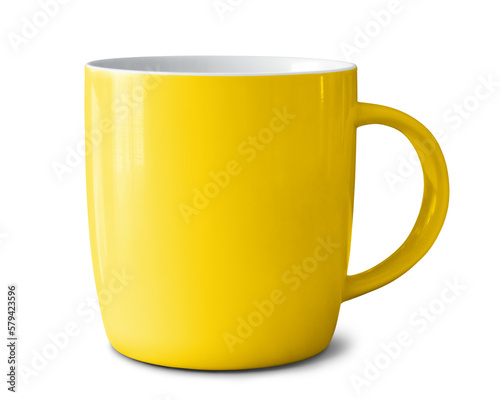 Yellow ceramic mug isolated on empty background photo
