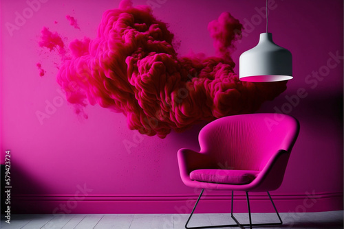 A beautiful render of a room with magenta Pantone decor and colorful furniture