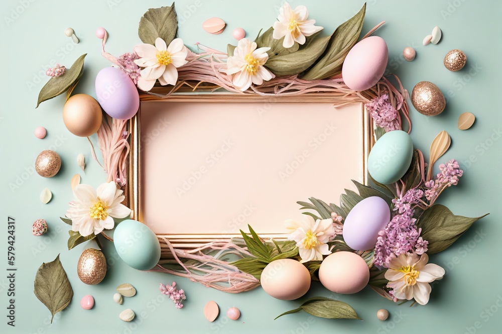 Easter decoration.  Painted eggs with flowers.
Mock up frame.