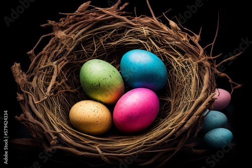 Colored Easter eggs in the nest. Easter postcard. Natural decoration.