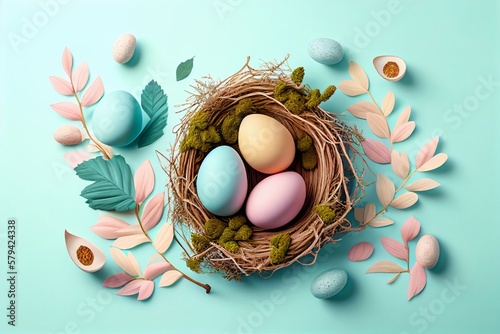 Colored Easter eggs in the nest. Easter postcard. Natural decoration.