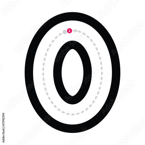 Tracing number 0 prewriting dotted line math worksheet element for kindergarten and preschool kids for handwriting practice activity
