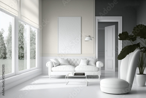 A striking image of a room with white Pantone decor and statement furniture