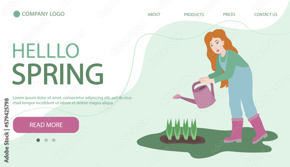 Woman digging up ground with shovel. Woman working in garden. Illustartion in flat cartoon style. Web page banner