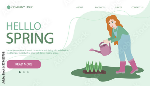 Woman digging up ground with shovel. Woman working in garden. Illustartion in flat cartoon style. Web page banner