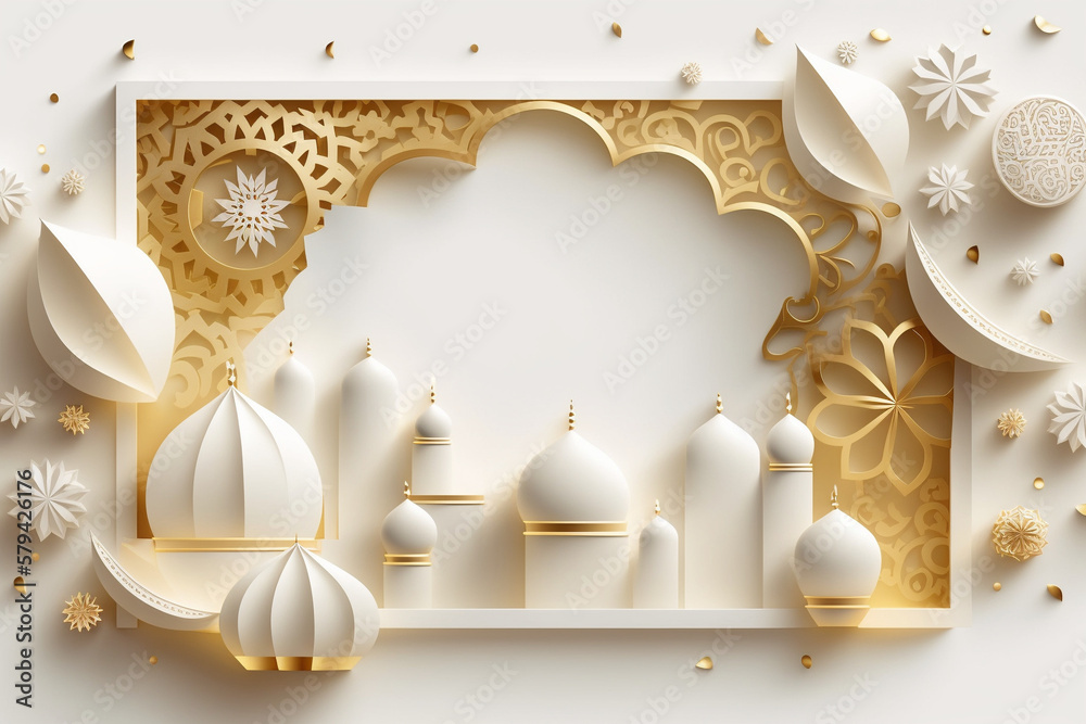 Islamic Arabic Arabesque Ornament Border Luxury Abstract and mosque White Background with Copy Space for Text. generative ai Islamic Arabic Arabesque Ornament Border Luxury Abstract and mosque White Background with Copy Space for Text. generative ai