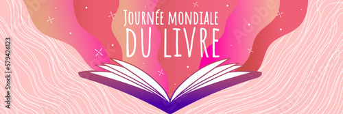 Bannière pour la Journée mondiale du livre. Livre ouvert de contes de fées 