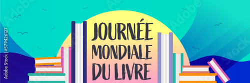 Illustration d'une pile de livre sous un couché de soleil avec vue sur la mer, pour la Journée mondiale du livre et du droit d'auteur