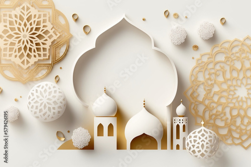 Islamic Arabic Arabesque Ornament Border Luxury Abstract and mosque White Background with Copy Space for Text. generative ai