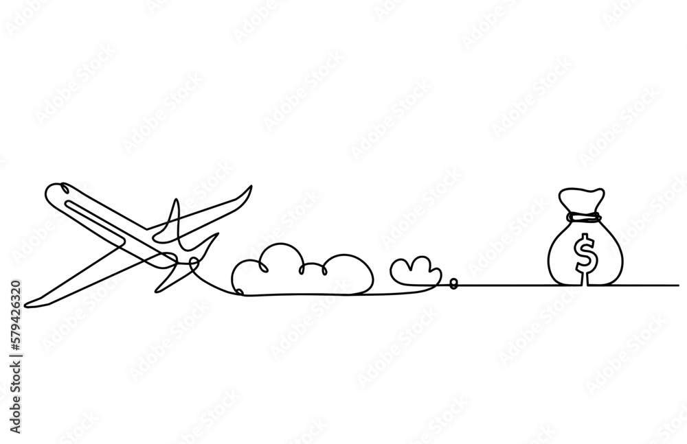 Abstract plane with dollar as line drawing on white background Abstract plane with dollar as line drawing on white background