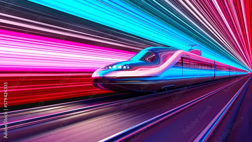 High-speed train speeds through a pink and blue neon-lit futuristic tunnel.