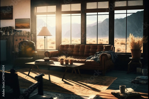 Modern Interior of room  sunlight passing through big windows