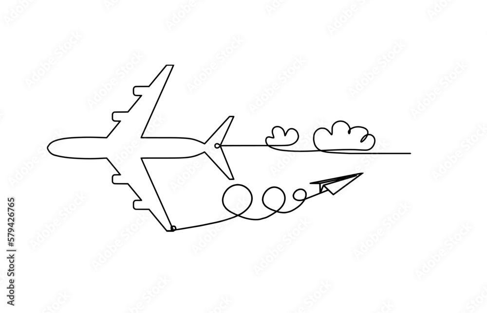 Abstract plane with paper plane as line drawing on white background Abstract plane with paper plane as line drawing on white background