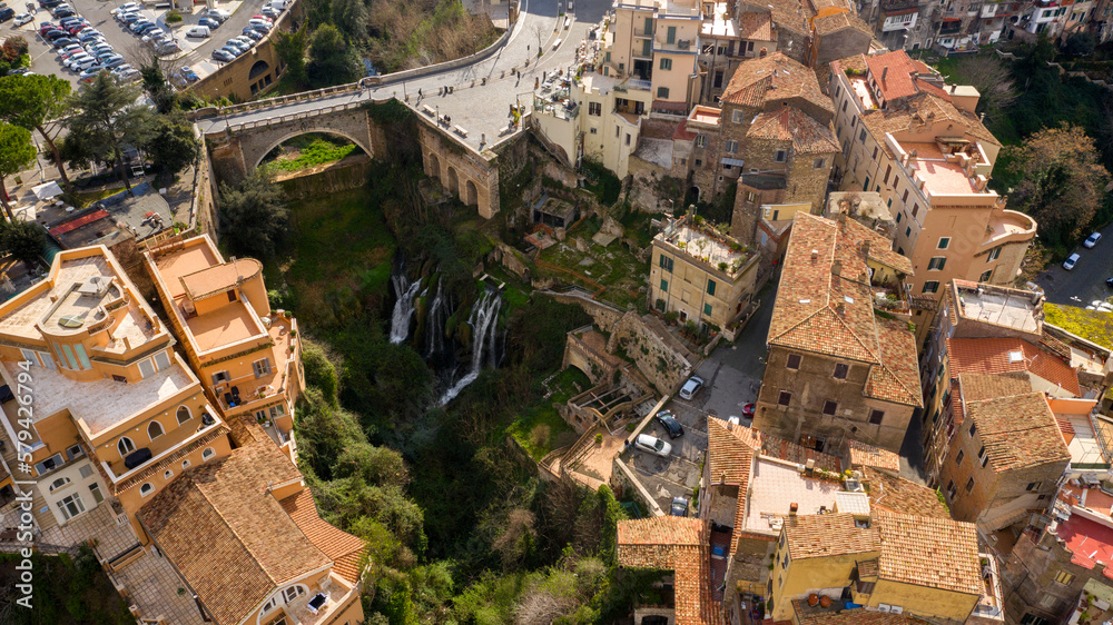 Fototapeta premium Aerial view on the historic city center of Tivoli, near Rome, Italy. Old Town of Tivoli from above.