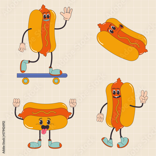 Cartoon character retro hot dog food 70s street food. In trendy groovy hippie retro style.