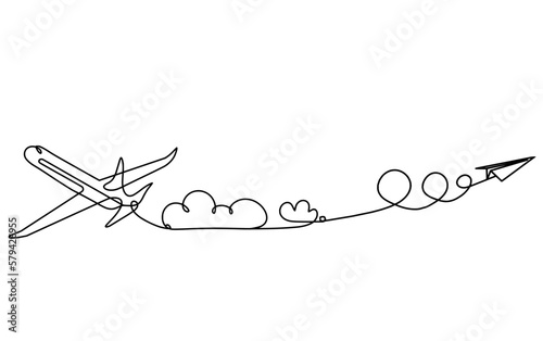 Abstract plane with paper plane as line drawing on white background