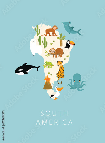 Print. Vector map of South America with animals. Cartoon animals. Jaguar, monkey, pelican, toucan, llama, alpaca, sloth. Poster for children. Education for preschoolers.