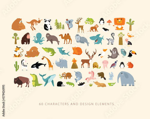 Print. Big vector set of cartoon animals. Forest animals, tropical animals, sea animals.
