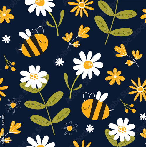 Vector black background with cartoon bees and daisies. Floral pattern. Bright seamless background. Fabric, paper, wallpaper.