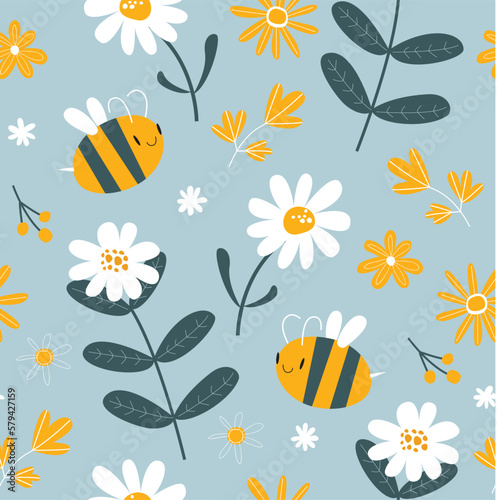 Vector spring background with bees and daisies. Floral pattern. Blue gentle seamless background. Fabric  paper  wallpaper.