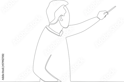 A male teacher explaining the lesson in front of the class. Teacher's day one line drawing