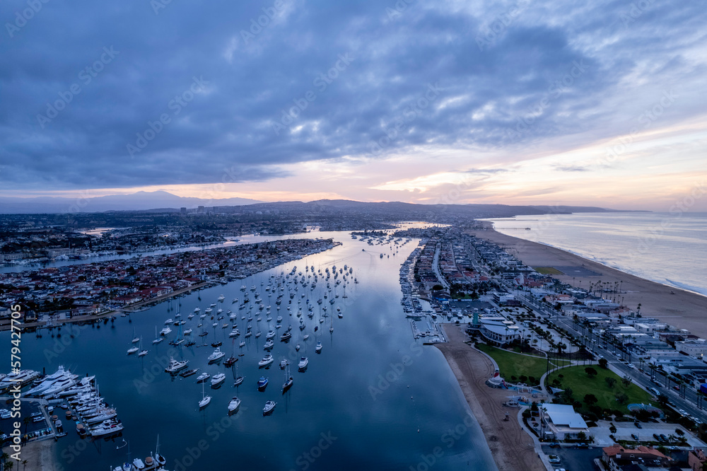 Naklejka premium Landscape view of Newport Beach, Orange County with hundreds boats and ships, California