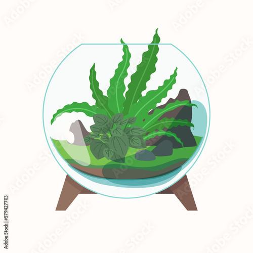 Live plants are planted in a glass container. The illustration depicts a terrarium for plants. Vector image.