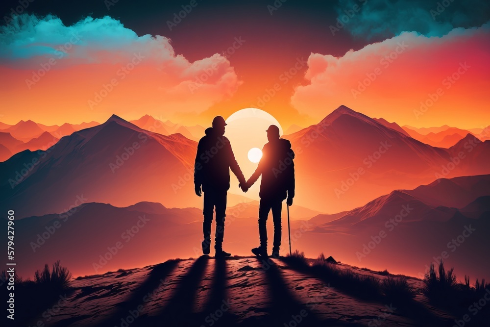 Nature's Embrace: Two Partners Hold Hands During a Picturesque Sunset - Generative AI