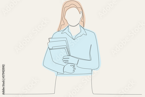 Colores illustration of a teache holding a book. Teacher's day one line drawing