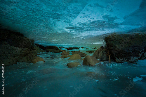 shot between layers of ice of frozen river