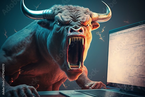 Taming the Bull: Stock market traders face off against a fierce animal - Generative AI photo