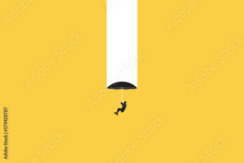 Business and financial crisis vector concept with businessman falling down the hole with umbrella. Symbol of market crash, recession, risk, bankruptcy and loss. Eps10 illustration