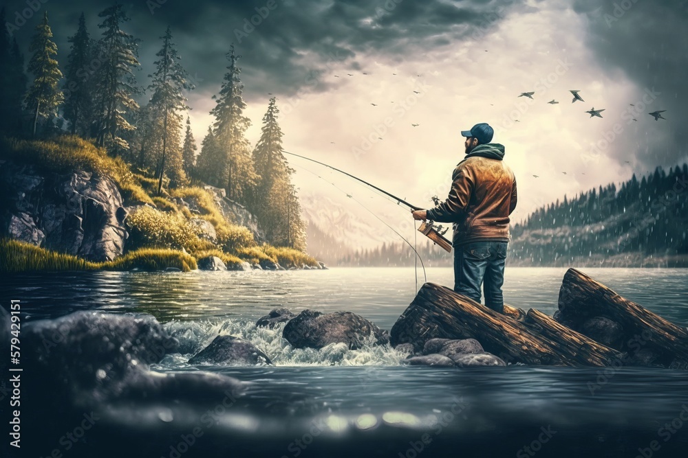 Hook, Line, and Sinker: A Fishing Tale - Generative AI Stock Illustration